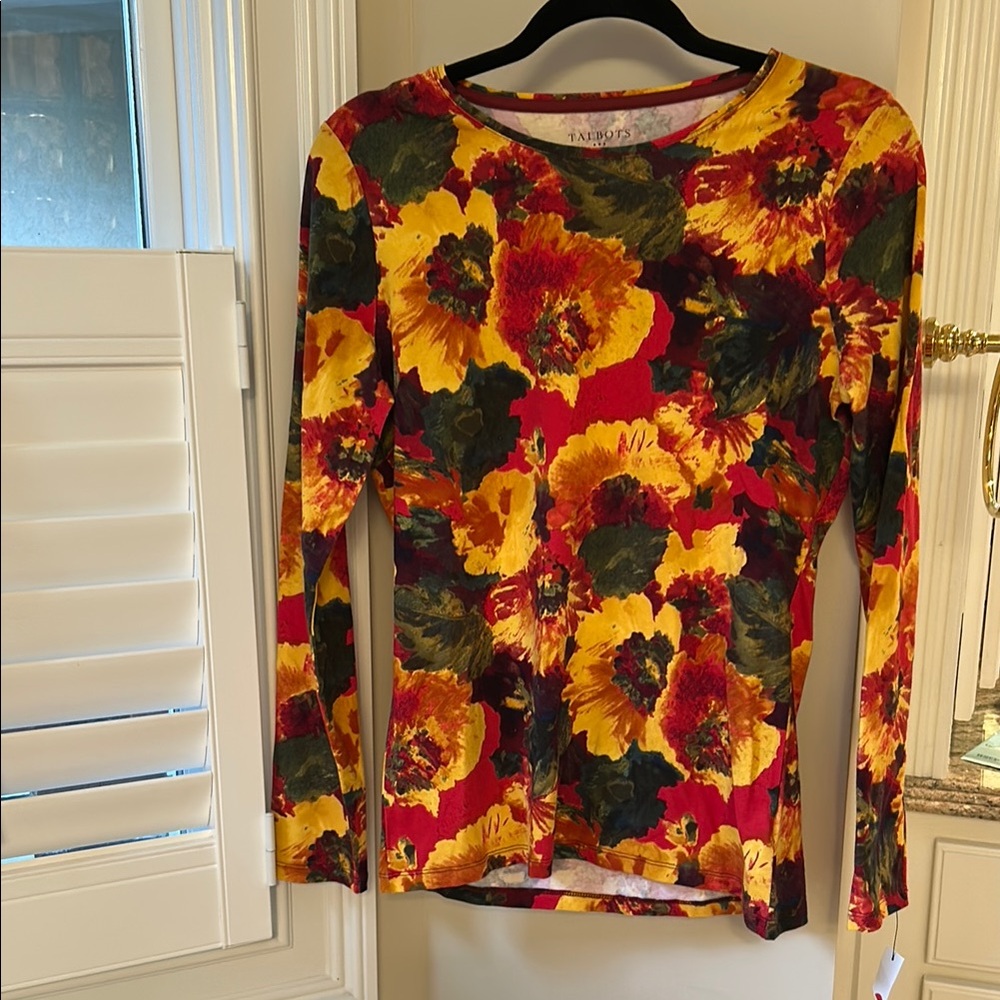 Talbots Gold and Orange Fitted Long Sleeve Blouse